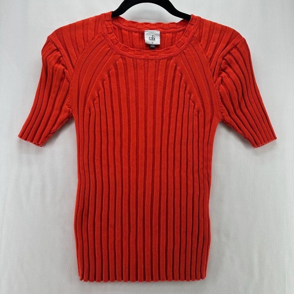 Cabi Sweater Womens M Ribbed Round Neck Short Sleeve Pullover Cotton Blend Red